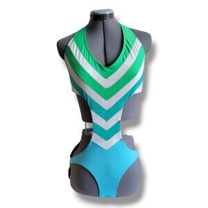 BECCA Hot Off The Press Chevron Monokini One Piece Swimsuit Size Medium Green